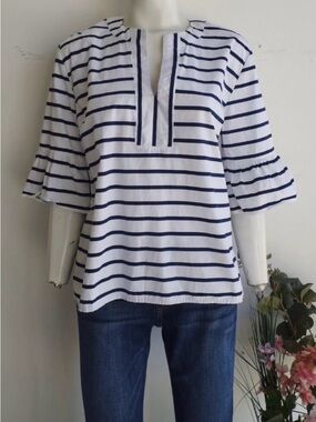 Striped Ruffle-Sleeve Tunic Top - White & Navy